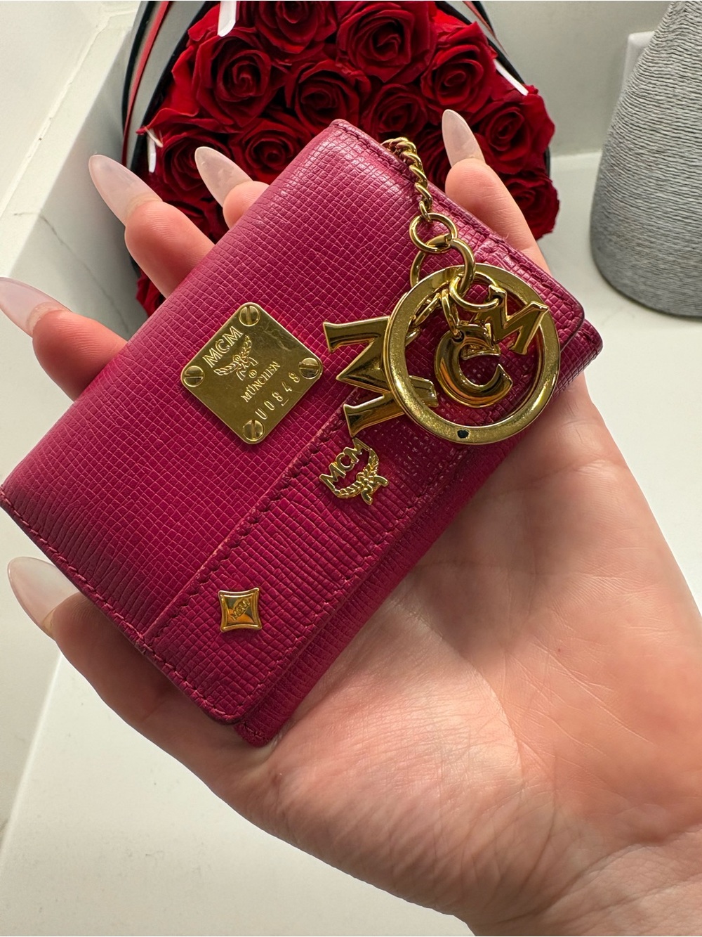 MCM Pink Textured Leather Card & Key Holder with Gold Plaque